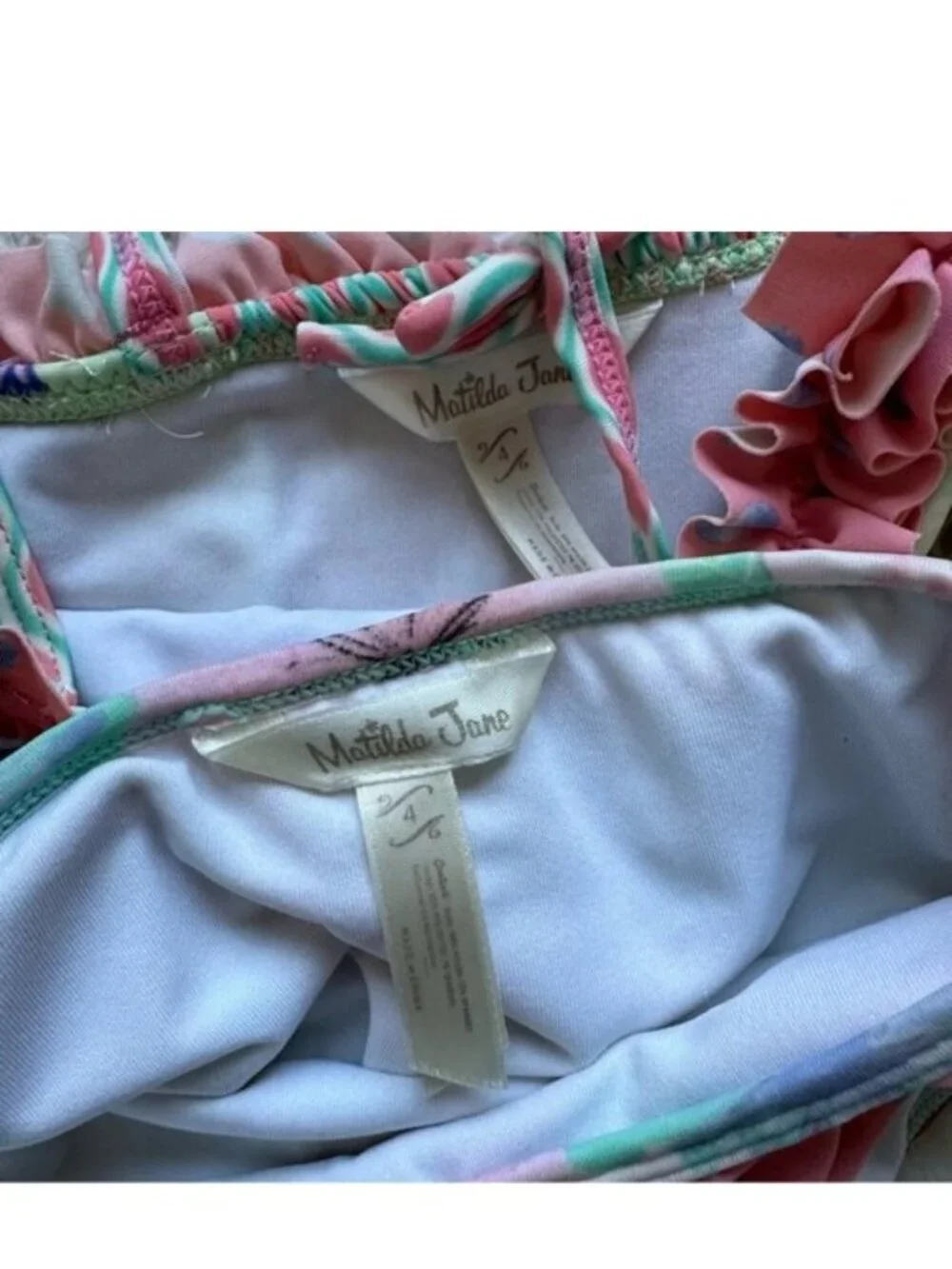 Matilda Jane | Aqua & Pink Floral Cannonball & Seashells Bikini Set | Size 4